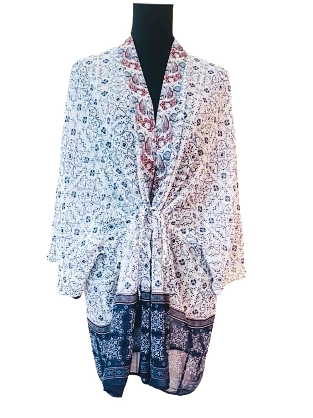 CHRISTOPHER & BANKS ~ White Kimono/Cover-Up Cardigan w/Navy & Red Paisley Print